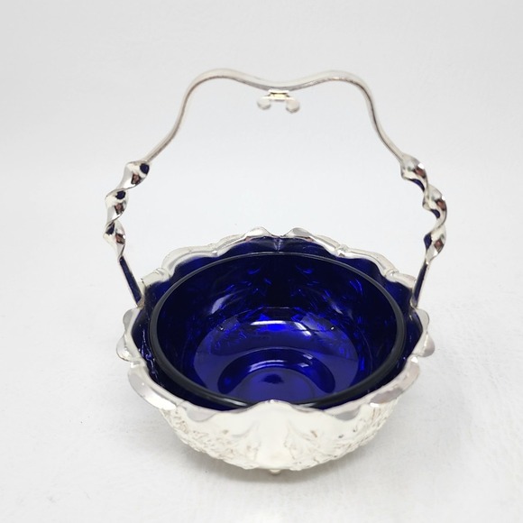 Mayell Silverplated Basket and Spoon w Cobalt Blue Glass Jam Relish Bowl England - Picture 6 of 16